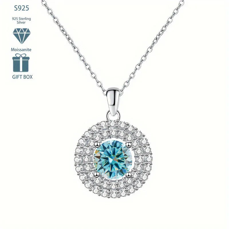 Dainty Double Halo Set Round Cut 1ct VVS GRA Colored Moissanite Jewelry Trendy 925 Sterling Silver Disc Pendant Necklace