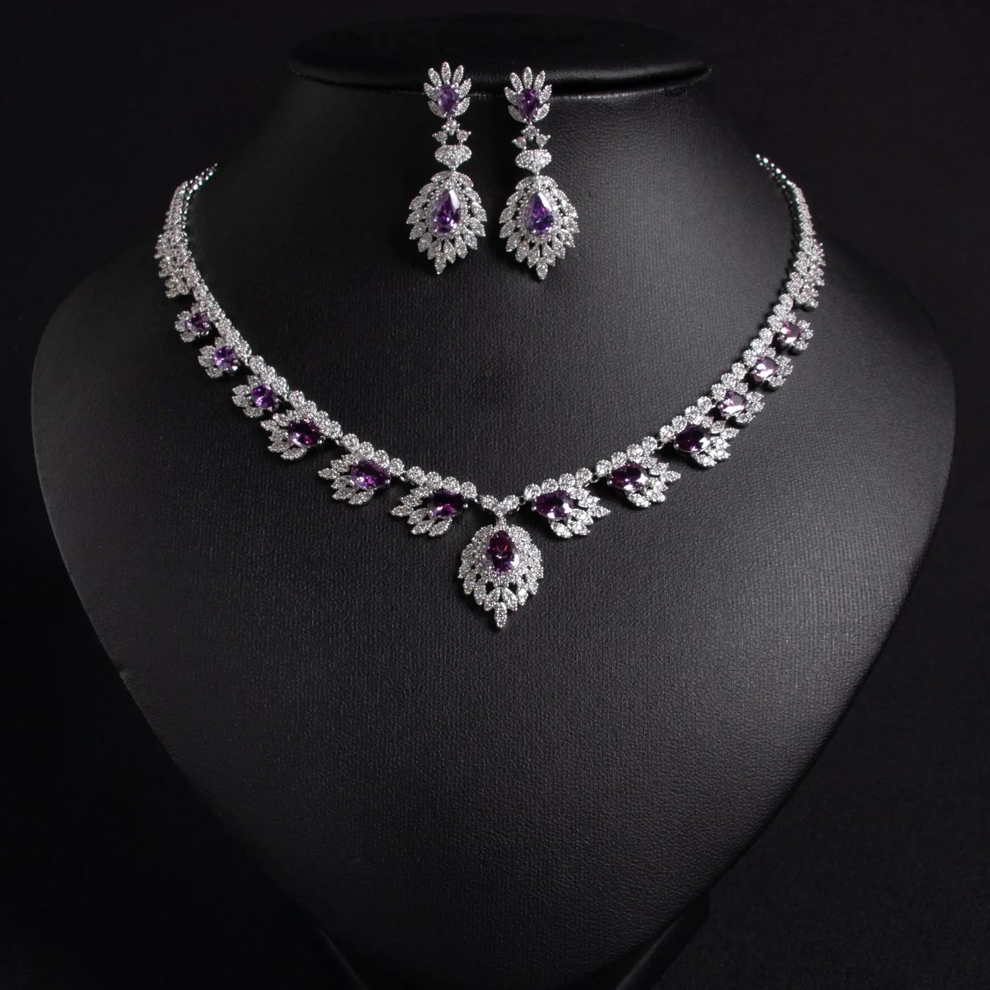 Luxury Pear-Cut Zirconia Floral Necklace & Earrings Bridal Set — Rhodium Plated