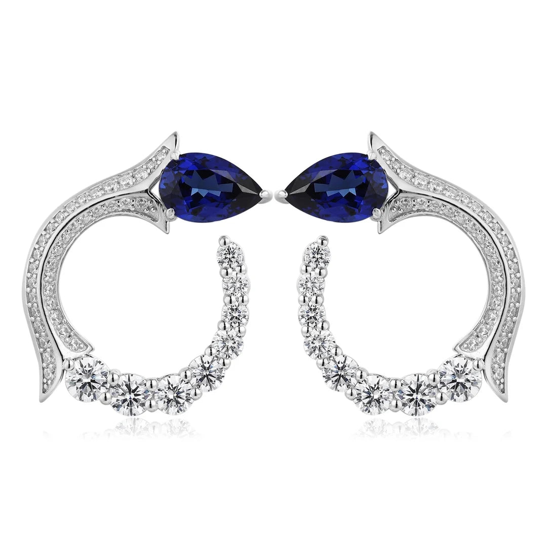 Gemfiori Silver Hoop Earrings Woman Earrings Pear Lab Grown Sapphire Emerald Paraiba Gemstones Set of Earrings for Her Engagement Jewelry