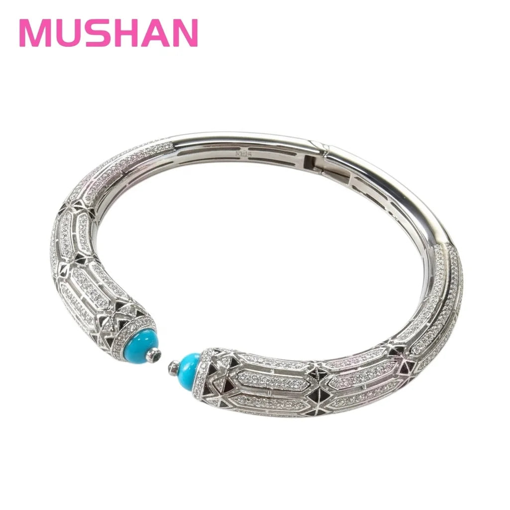 MUSHAN Jewelry Factory 925 Sterling Silver Cuff Bracelet Bangle High Carbon Diamond Blue Turquoise Red Coral Bracelets for Women