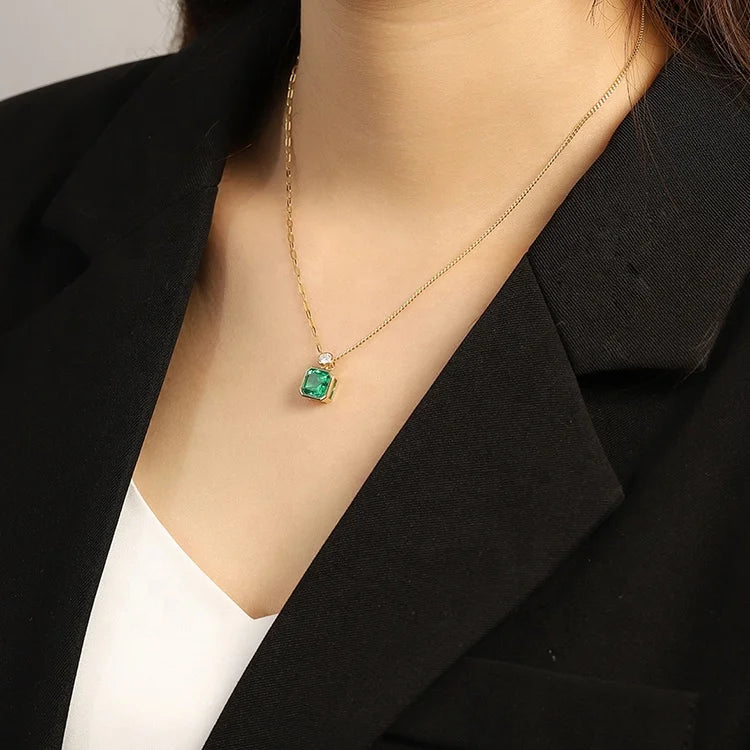 Gemfiori Classic Design Asscher Cut 18k Rose Gold Plated Lab Grown Emerald Pendant Necklace Colombia Green Engagement Wedding Party