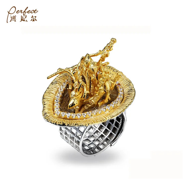Turkish Hollow Grid Style 925 Silver Store Gold Plated Finger Ring