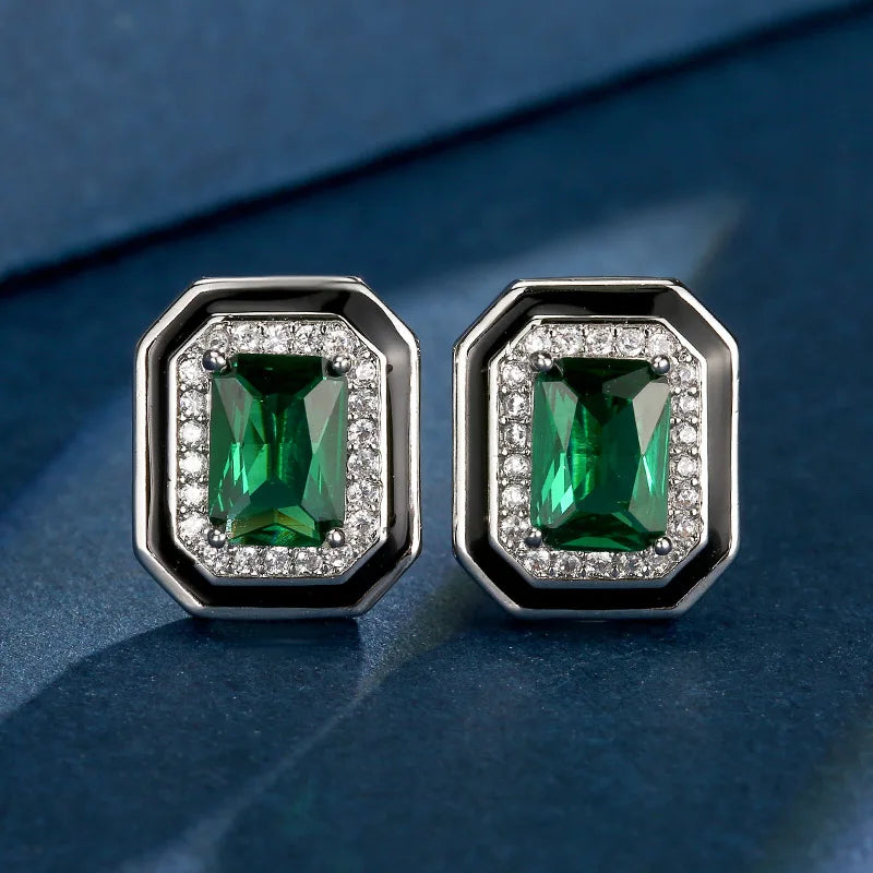 Gemfiori Simple Princess Square Green Zircon Ring Light Luxury Black Enamel Earnail Necklace Set