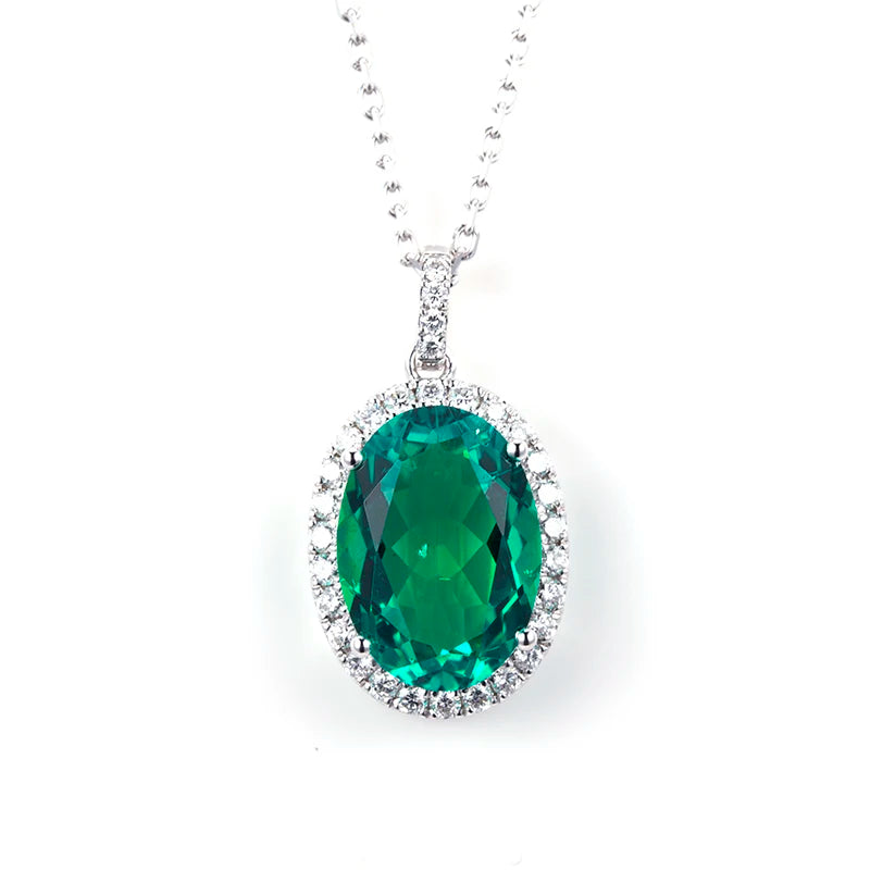 Messi Jewelry  MSN-737 18K White Gold Oval Shape Lab Emerald Moissanite Pendant Necklace