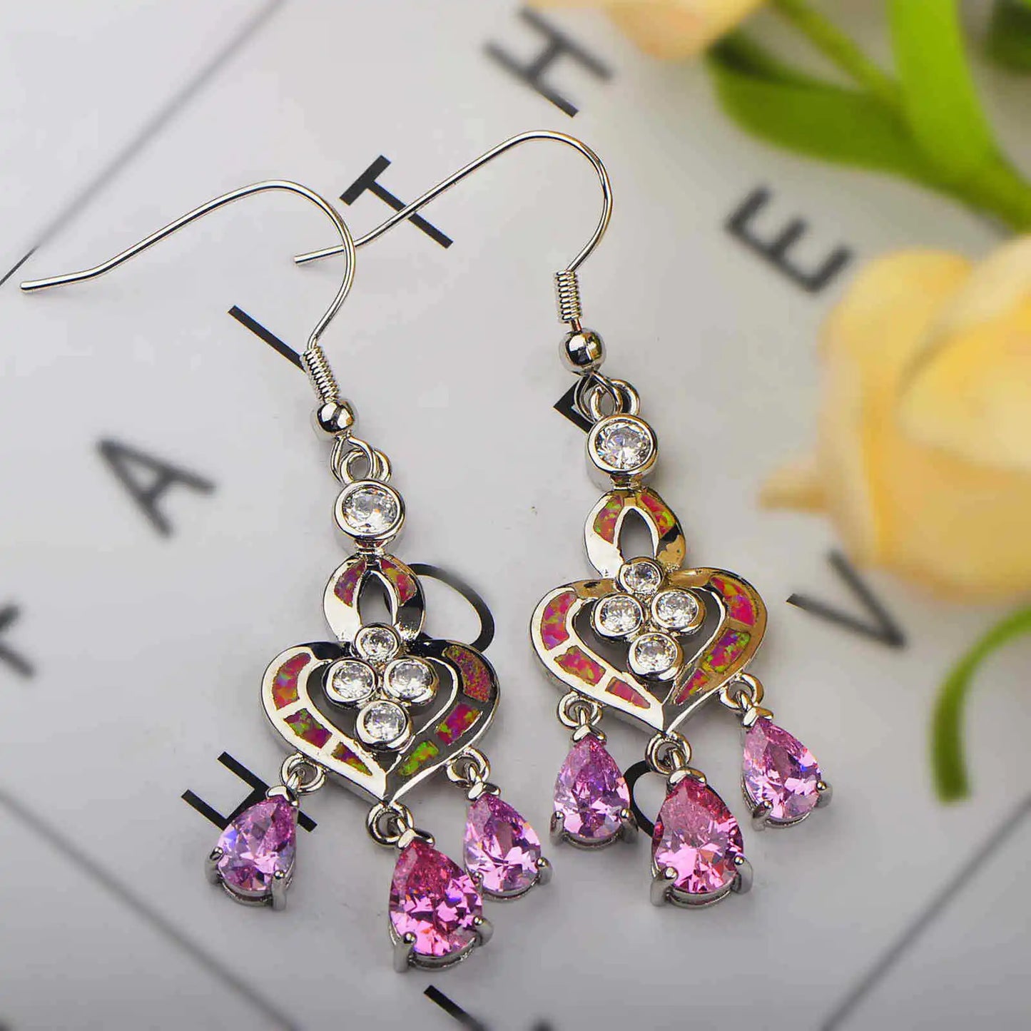 Delicate Pink Opal Brass Geometric Christian Pendant Earrings Hawaiian Style Trendy Minimalist Healing Gift Jewelry