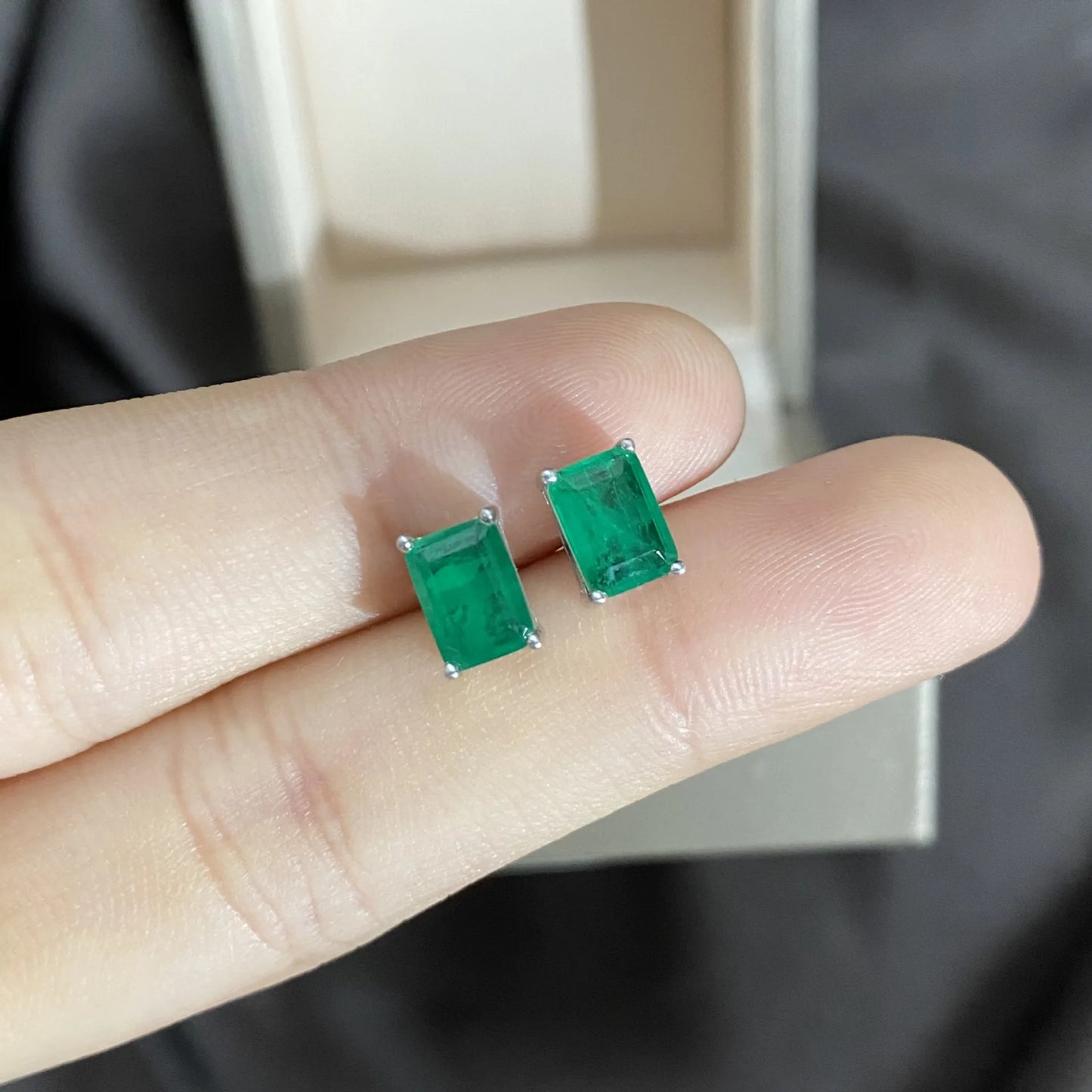Silverelli | 925 Silver Synthetic Emerald Rectangular Stud Earrings | 5×7mm | 18K Gold Plated