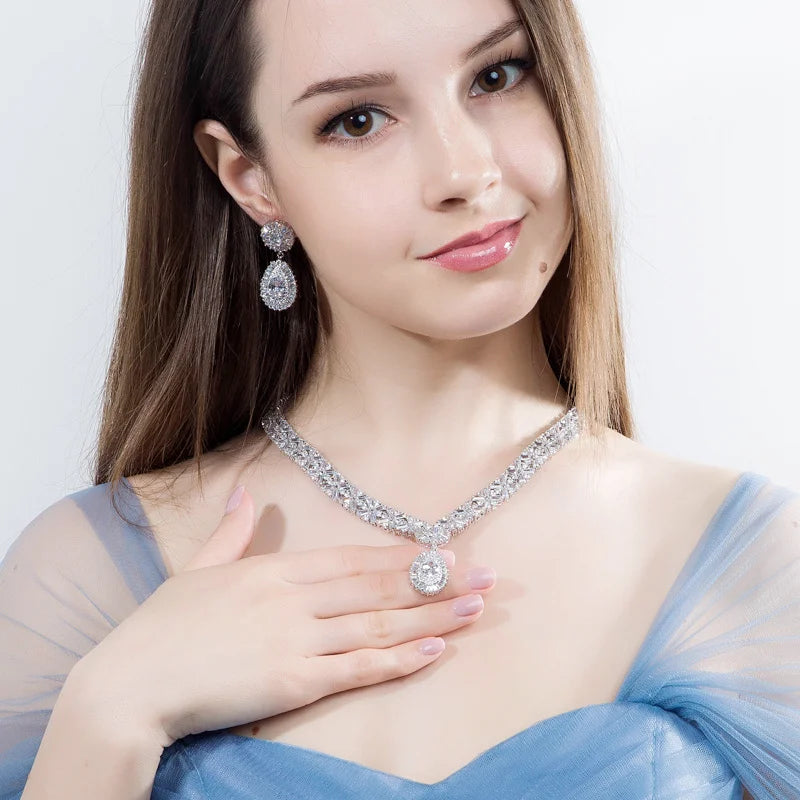 Shiny Luxury Dubai Gold Plated Jewelry Sets Cubic Zircon Big Water Drop Earrings Necklace Bracelet for Ladies Wedding Bridal