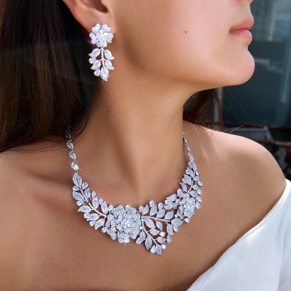 Sparking White Cubic Zirconia Flower Leaf Shape Exaggerating Earrings Necklace Luxury Bridal Wedding Big Jewelry Set for Women