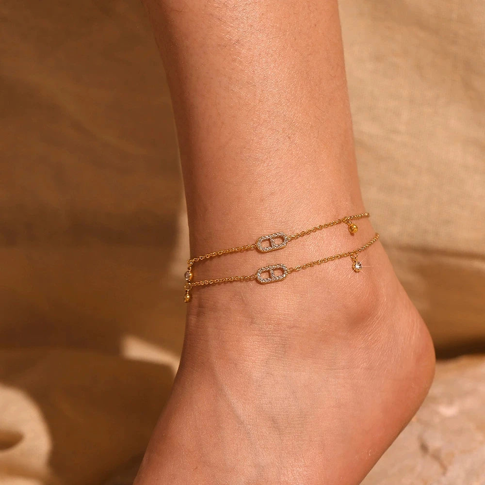 LT-S141 Stainless Steel Zircon Sun-shaped Inlay Ankle Minimalist Foot Chain 18k Gold-plated Accessory Light Luxury