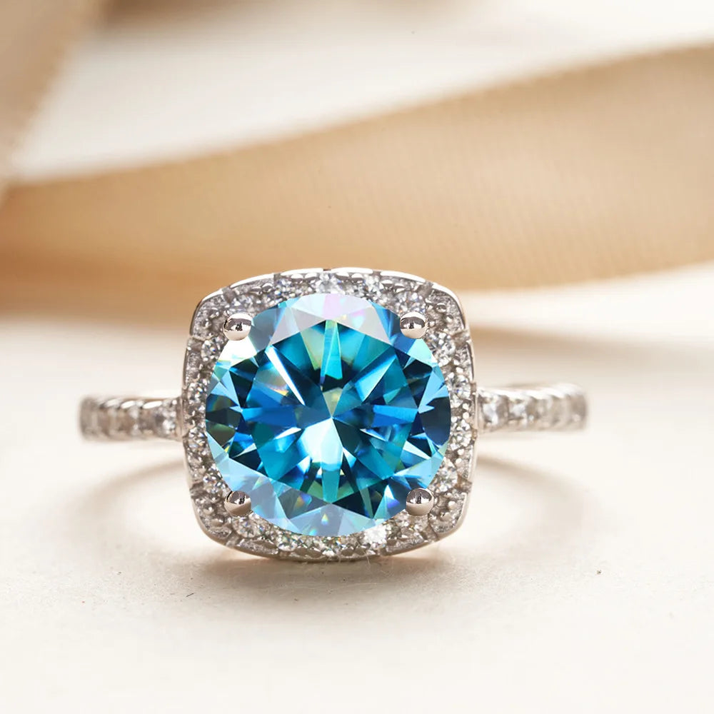Wholesale 925 Silver PT950 Platinum Plated Square Bezel Set Round Cut 3 Carat VVS GRA Colored Moissanite Engagement Ring