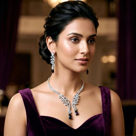 Lakshmi Elegant Amethyst Drop Necklace Set Silver Plated Purple Stone Wedding Party Bridal Fashion Jewelry Set for Women Gift Set