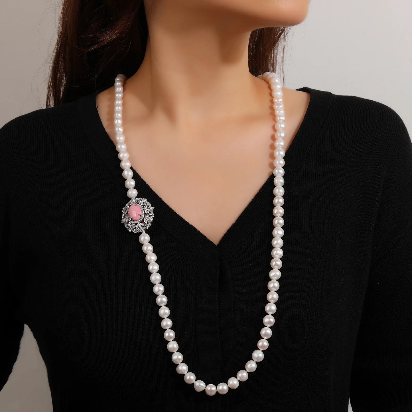 MUSHAN Classic Engagement Wedding Sterling Silver Charm Pearl Necklace Women High End Electroplated Gold 8mm Diamond Queen Pearl