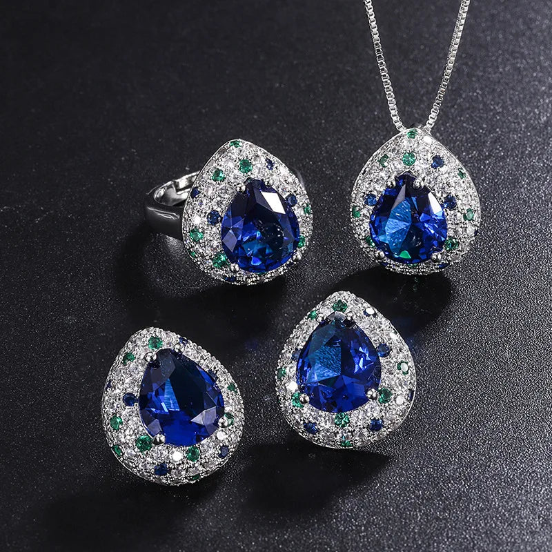 Fashion Eco-friendly Copper Pear Cut 10*12MM Water Drop Blue Pendant Earrings Ring Set Water Drop Jewelry Set for Women