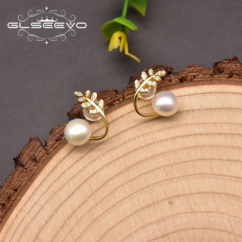 Natural Freshwater  Pearl Stud Earrings for Women  Gift 925 Sterling Silver Leaf Zircon Style  Earrings  Fashion Jewelry
