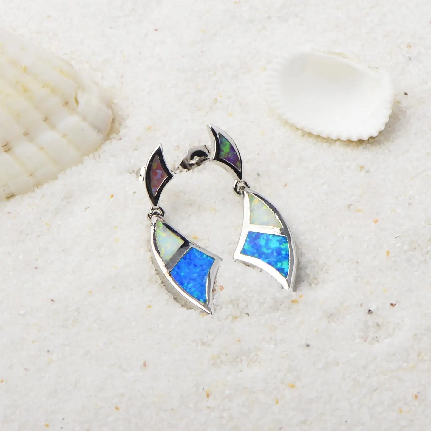 Sleek Wave-Shaped Opal Dangle Earrings - Shimmering Bi-Color Opal Inlays | Elegant Layered Jewelry Bulk Wholesale