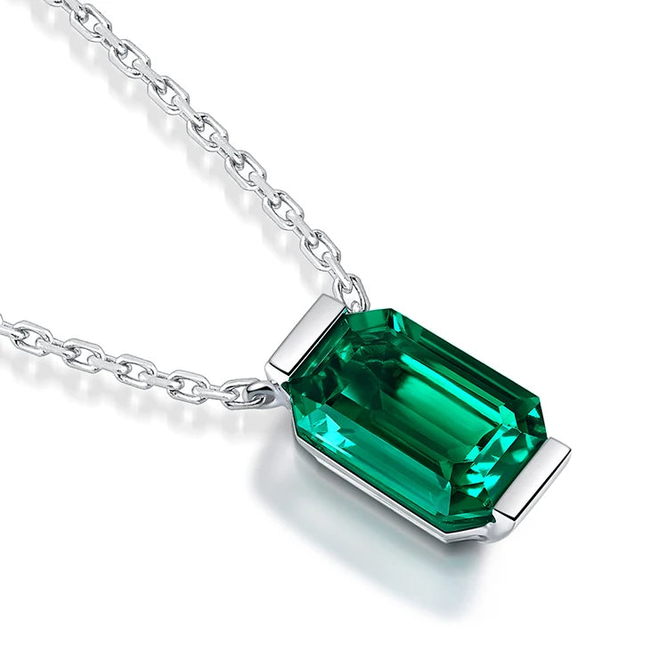 Gemfiori Lab Gemstones Emerald 9*6 Columbia Emerald 18K Gold Pendant Necklace for Womens