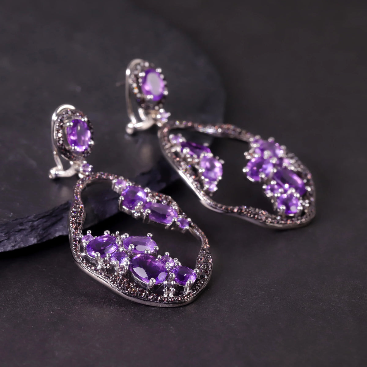 S&S Natural Amethyst & Smoky Nano Fine Jewellery Set | 925 Silver Rhodium Plated | Oval Cut | S&S Collection