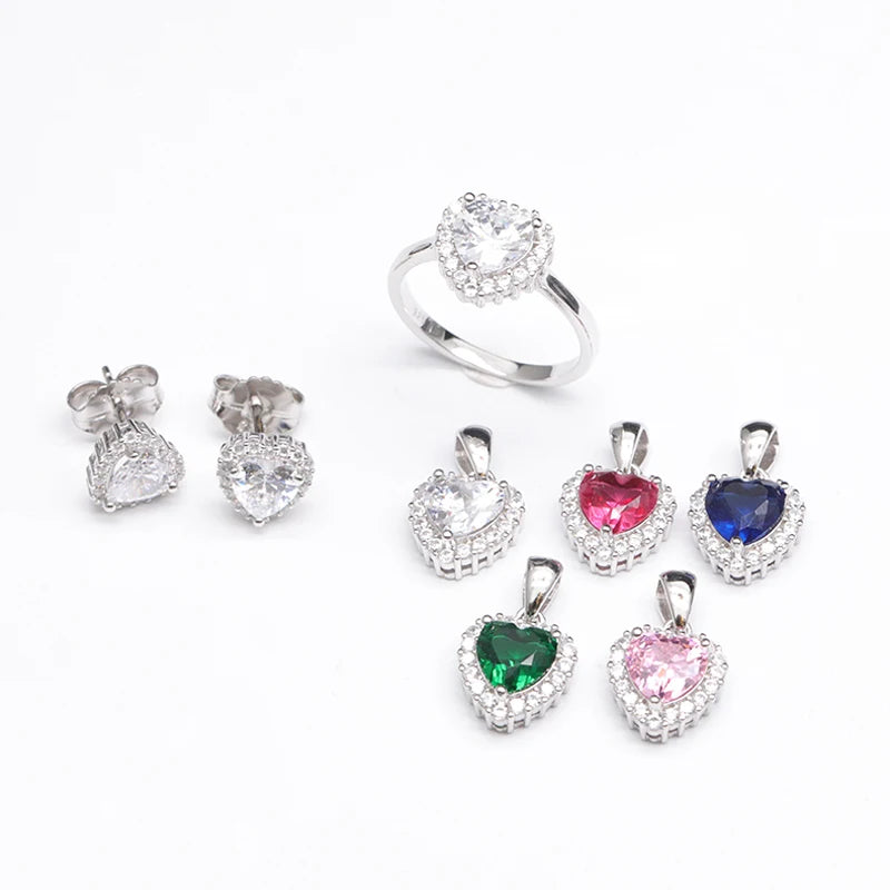 S&S 925 Silver Blue-Green Heart Zircon Fine Jewellery Set | Ring, Pendant & Earrings