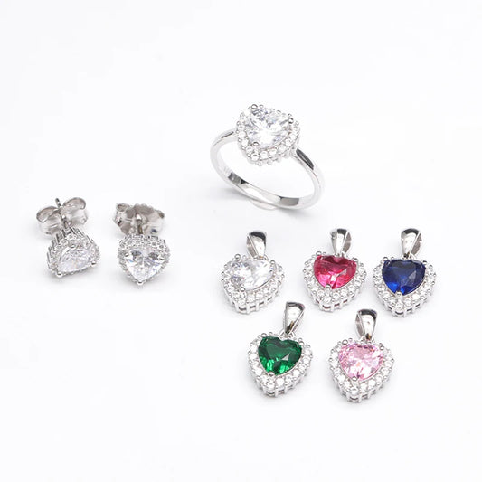 S&S 925 Silver Blue-Green Heart Zircon Fine Jewellery Set | Ring, Pendant & Earrings