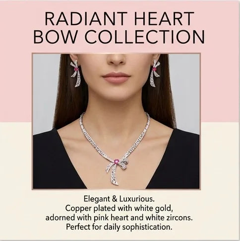 Bella Viva Luxury Pink Heart Bow Necklace & Earring Set, Platinum Plated Brass & Cubic Zirconia, for Bridal & Gift & Party