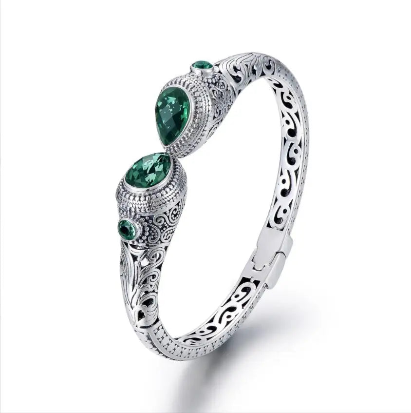REBEL S&S REBEL Emerald Gemstone 925 Sterling Silver Bangle | Princess Cut | Rhodium Plated | Luxury | Collection