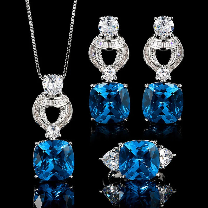 Fashion Elegant Eco-friendly Copper 12*12mm Blue Zircon Brass Pendant Earrings Set Jewellery Sets for Women High Quality