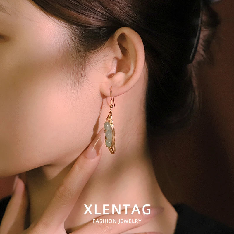 Natural Stone Four Seasons Bean Aquamarine Pendant Earrings 18k Electroplated Design Earrings Women's Jewelry GE0880C