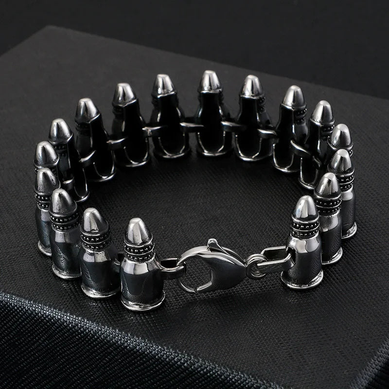 Punk Retro Bullets Head Chain Bracelet Titanium Steel Charm Bracelets for Men Military Soldier Souvenir Gift for Anniversaries