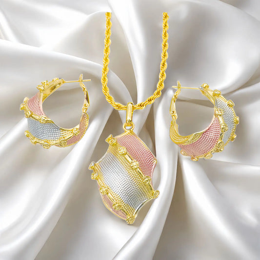 Luxury Style Middle East Jewelry Set Golden Interlaced Lines Hollow Allah Pendant Necklace Earrings for Weddings