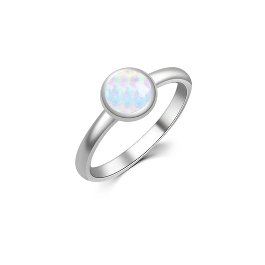 Minimalist Round Opal Solitaire Ring | Iridescent Gem Stainless Steel Band | Dainty Daily Wear Jewelry for Women Trendy Style