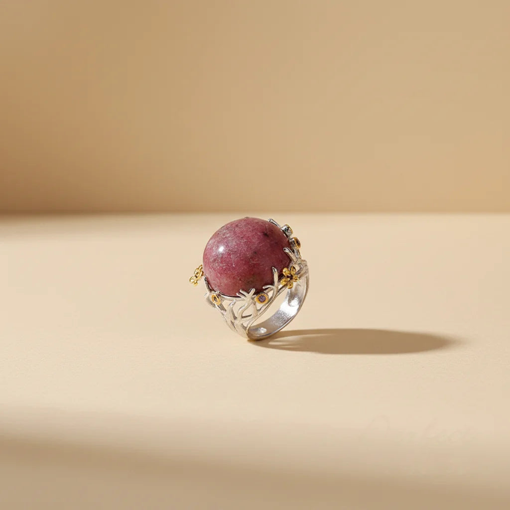 Big Rhodochrosite Stone 925 Sterling Silver Jewelry Ring With White Gold Plated