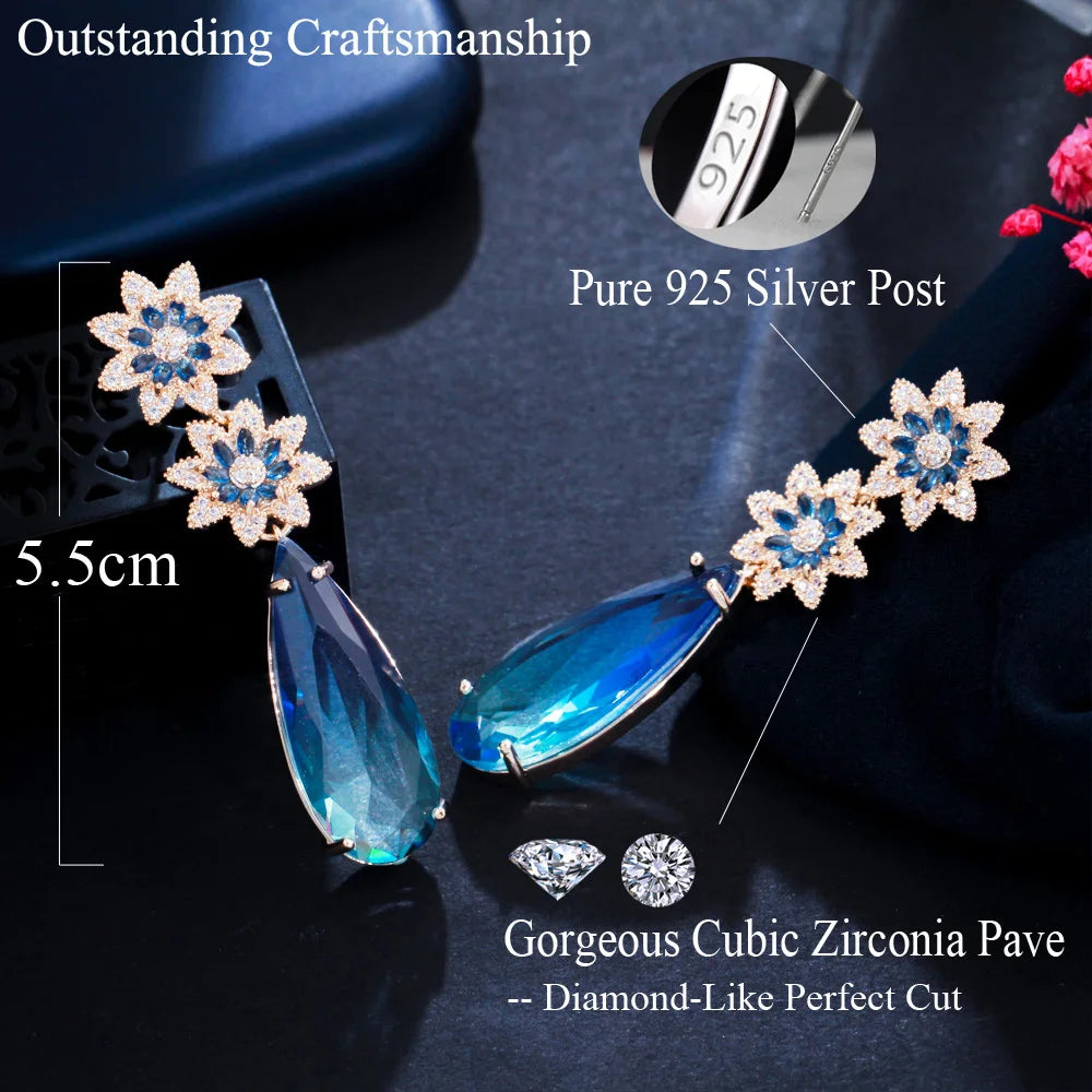 Beautiful Dangly Flower Blue Cubic Zirconia Crystal Long Big Water Drop Earrings for Women Wedding Bridal Gift Jewelry