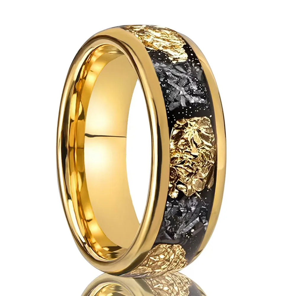 Tempusort Fashion Jewelry 8mm Gold Plated Inlaid Broken Gold Foil Meteorite Tungsten Carbide Ring for Men Wedding Engagement