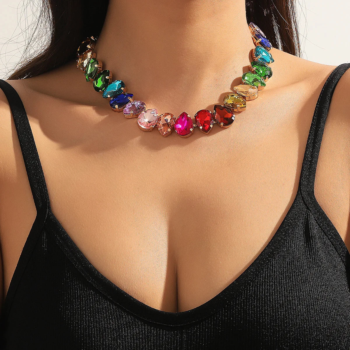 S&S Brass Multi-Colour Crystal Collar Necklace | Evening Statement Jewellery