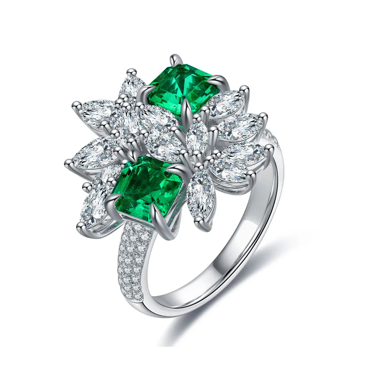 Gemfiori S925 Sterling Dainty Jewelry Gemstones Silver Rings Lab Grown Emerald Flower Ring Accessories