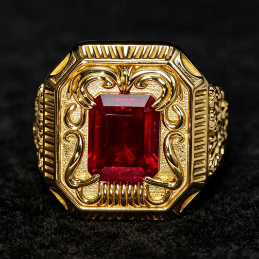 Gemfiori Fine Jewelry S925 Silver 14K Gold Plated Ruby Ring Vintage Carved Rectangle Red Gemstone Ring Wide Band Ruby Ring for Men