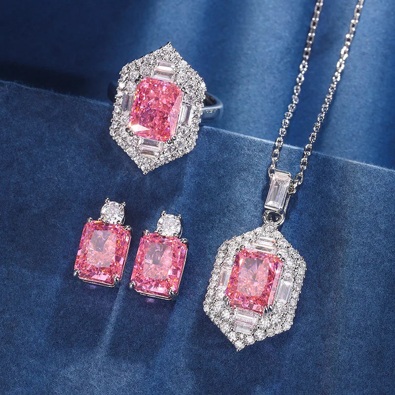 Gemfiori Summer New Product Water Chestnut Pendant High-end Fashion Light Luxury Zircon Ring Earring Set Accessories