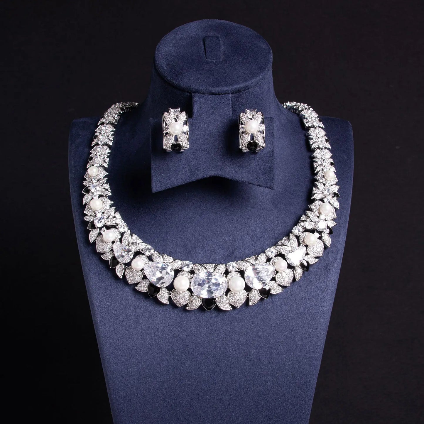Luxury Oval-Cut Zirconia & Imitation Pearl Classic Choker Necklace & Earrings Bridal Set — Gold & Rhodium Plated