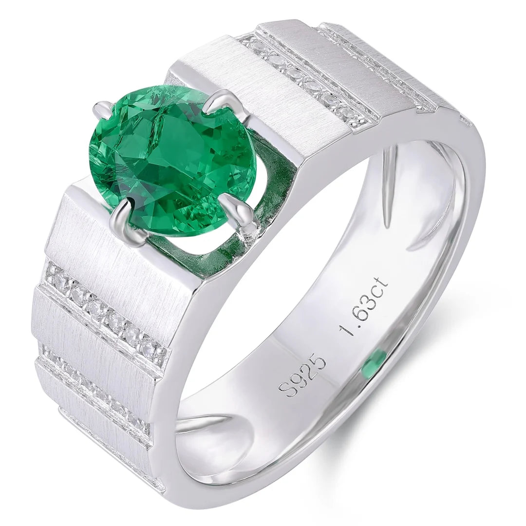 Gemfiori S925 Silver Cultivated Emerald Men's Ring Main Stone: 1.63CT Side Stones: 0.38CT Total Weight: 7G