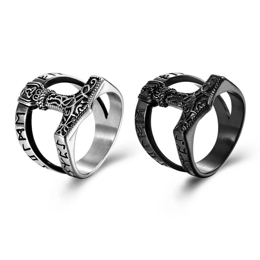 Vintage Jewelry Titanium Steel Nordic Viking Hammer Ring for Men