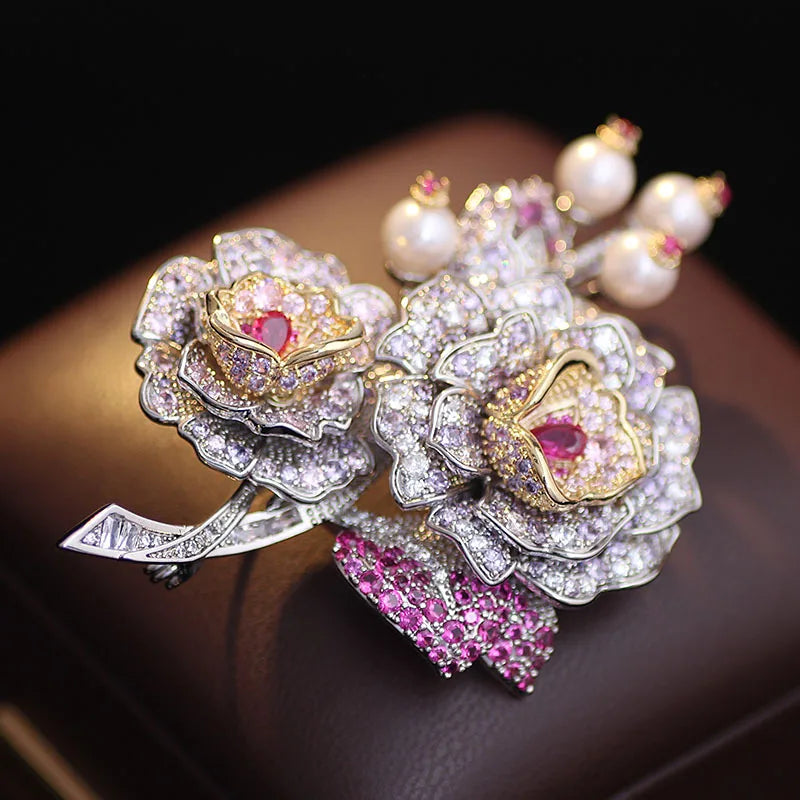High-end Vintage Camellia Zircon Rhodium Plated Brass Brooch Pin Women Engagement Wedding Party Birthday Gift Fashion