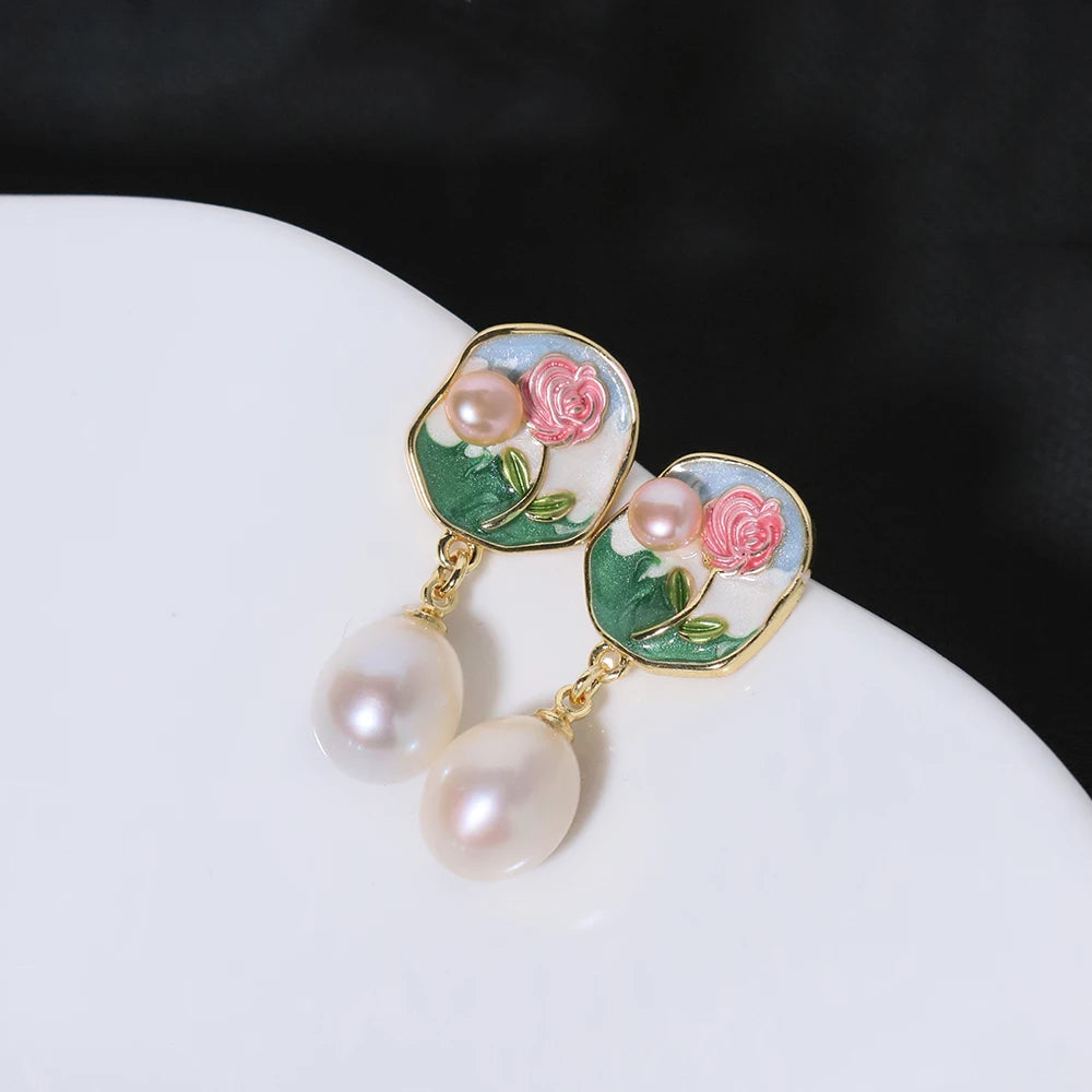 Natural Freshwater Pearl Rose Vintage Earrings Korean Style Women Luxury Jewelry Fashion Ladies and Girls Gift GE1568