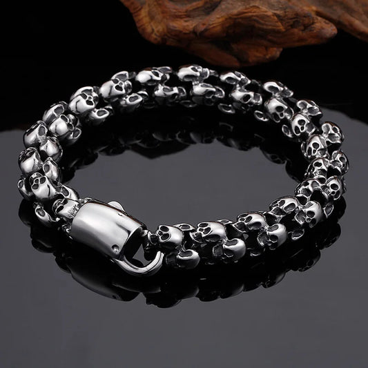 Kalen Punk Skull Gothic Jewelry Stainless Steel Bracelet Gold Plated Shiny Matte Skull Beaded Thick Bracelet for Men