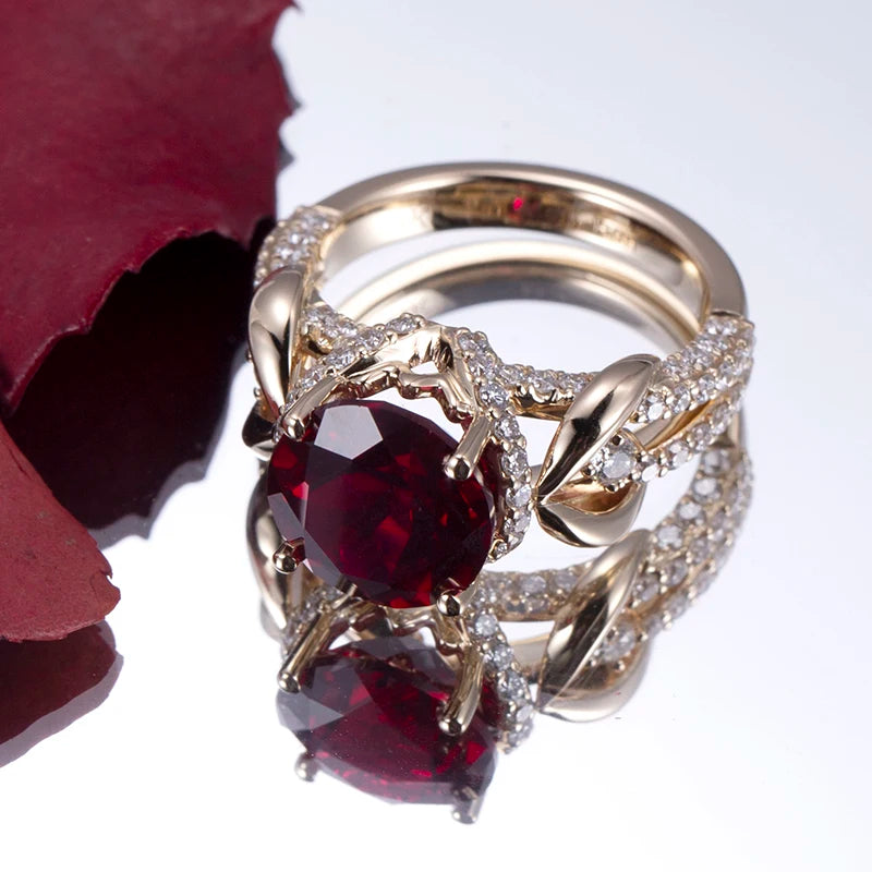 Gemfiori Messi Gems MSR-816 Engagement Ring 14K Yellow Gold 9.5mm Round Lab Created Ruby Fine Jewelry Rings