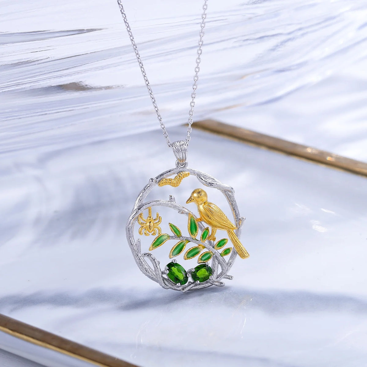 ArtistA C7926 Abiding Green Gemstone Chrome Diopside Gemstone S925 Silver Necklace Earrings Ring Full Set Jewelry