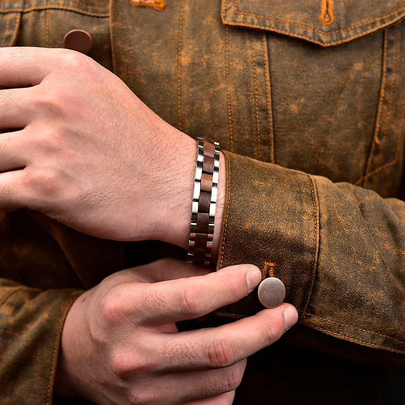 REBEL Wood Steel Mixed Combined Jewelry Bracelet Customized LOGO Handmade Wooden Bracelet for Women Men