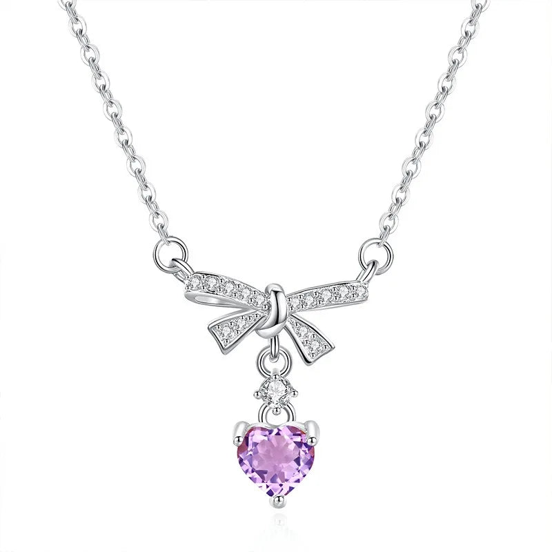 Women 925 Sterling Silver Natural Stone Garnet Necklace Engagement Wedding Bow Knot Heart Pendant Chokers Jewelry Wholesale