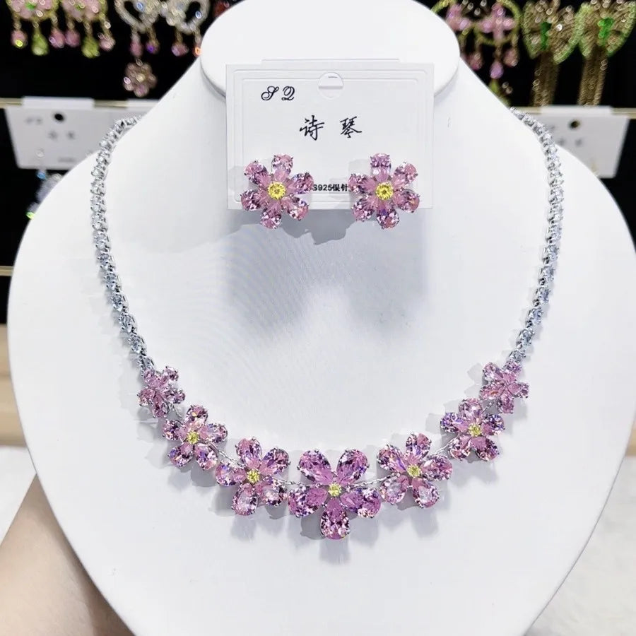 K084 Wholesale Women Trendy Luxury Flower Zircon Bridal Necklace Earrings Set Wedding Elegant Jewelry Set