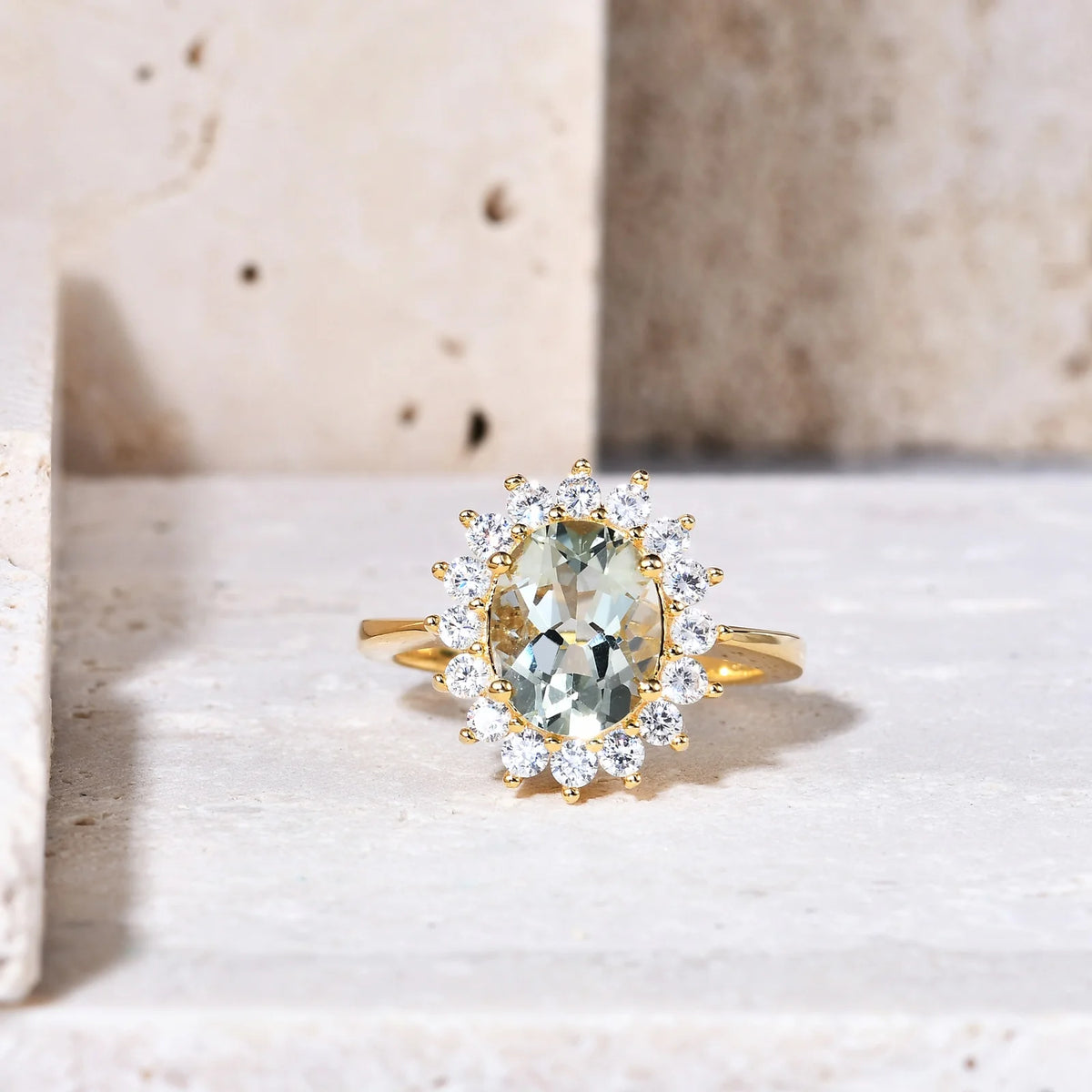 Gemfiori Abiding Gold Plated Oval Colored Stone 925 Sterling Silver Custom Wedding Halo Rings Jewelry for Women