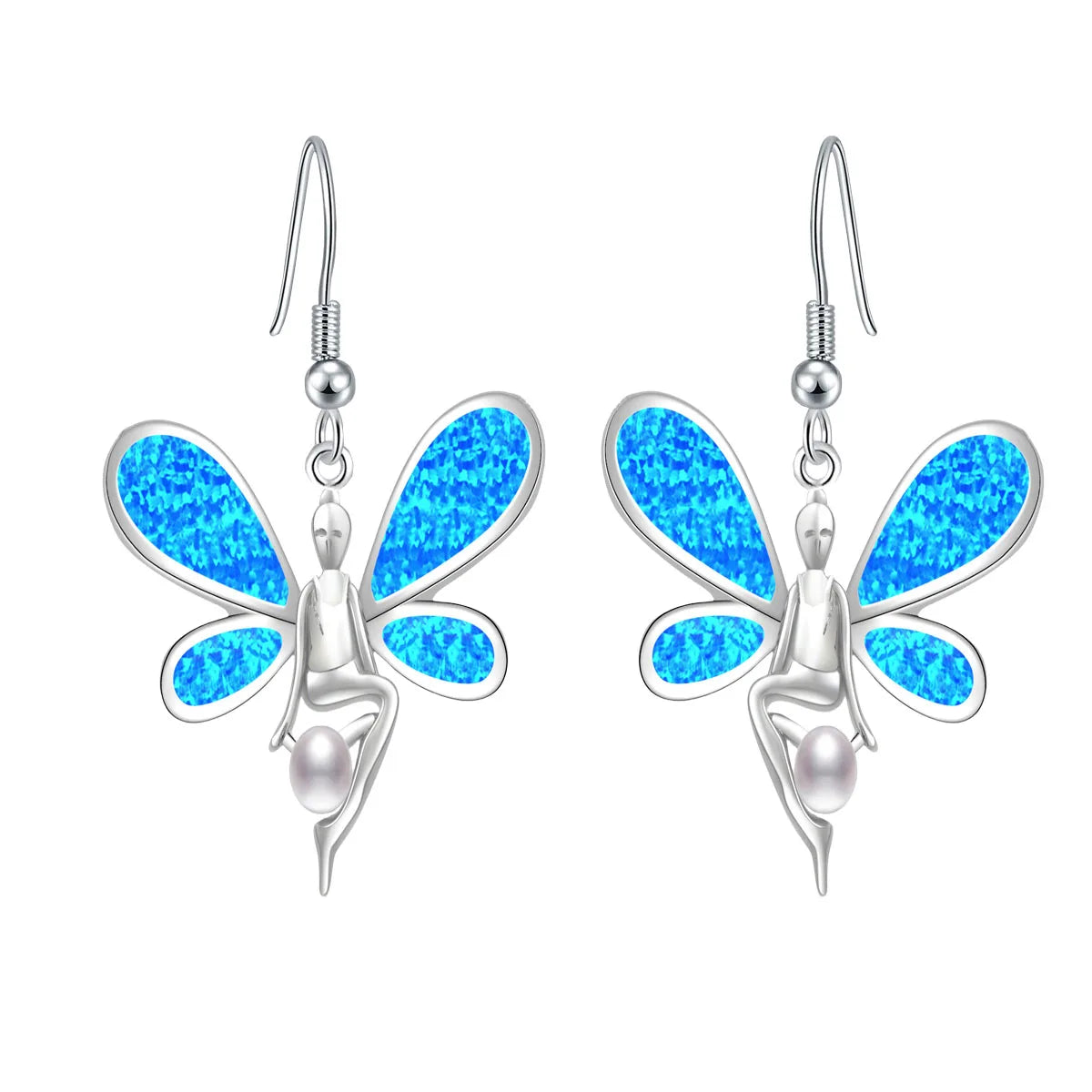 Enchanted Fairy Opal Drop Earrings - Blue Fire Opal Wings & Pearl Accent Design | Whimsical Daily Jewelry Bulk Gifts